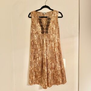 Beth Bowley Sz 8 Brown Beaded 100% Silk Satin Fit and Flare Henley Dress